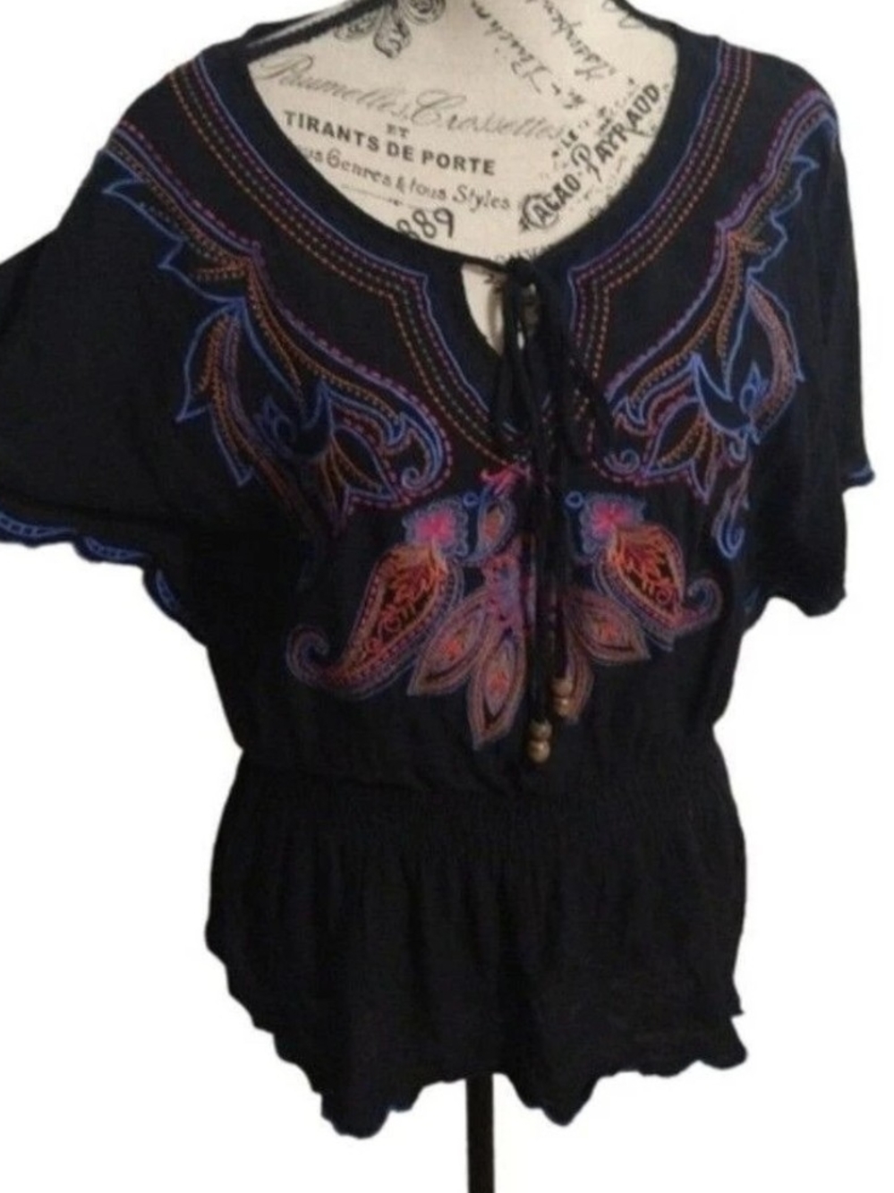 Forever 21 Black Peasant Top with Multicolor Paisley Embroidery